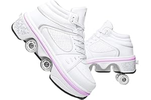 GKZJ Kick Roller Shoes Skate，2-in-1 Multi-Purpose Shoes,LED Adjustable Quad Roller Skates Boots Double-Row Deformation Shoes,White-EUR39