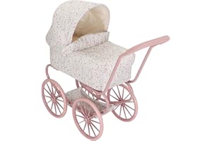 Little Dutch Puppenwagen aus Metall mit großen Rädern, Sonnenverdeck und Aufbewahrungskorb für Puppen Babypuppen bis 46 cm - Soft Flowers Weiß/Rosa