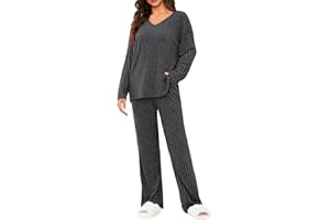 Tuopuda Ensemble Femme Chic et Elegant Pyjama à Manches Longue 2 Pièces Pantalon à Taille Élastique Haut Tricot Vêtement de Nuit Doux Vêtement d'Intérieur Sleepwear