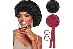 ‎PAEFIU PAEFIU 2 Stück Seidenhaube zum Schlafen, Weiche Satin Schlafhaube Seide mit 2 Haargummis Atmungsaktive Satin Haarhaube Schlafmütze für Lange Kurze Lockige Haare (Schwarz, Weinrot)