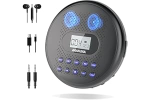CD Player Tragbar, Arafuna Tragbarer CD Player mit Lautsprecher, Wiederaufladbarer CD-Spieler für Auto mit Anti-Skip-Schutz, Discman mit Kopfhörern und AUX-Kabel