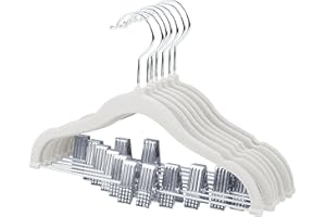ManGotree Perchas de Terciopelo para Bebé con Clips Móviles, Perchas Antideslizantes de 30 cm, Perchas Infantiles Que Ahorran Espacio para Faldas, Pantalones, Vestidos, Camisas (Paquete de 7, Blanco)