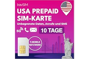 travSIM USA SIM Karte | T-Mobile Netz | Unbegrenzte Daten, Anrufe & Texte in den USA | SIM Karte USA funktioniert auf iOS & Android Geräten | SIM USA 10 Tage