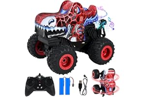 HERMORRYSS Macchina Telecomandata, 2.4GHz Monster Truck Telecomandato per Bambini con Rotazione di 360° e Acrobazie, Luce+Musica, Auto Telecomandata Dinosauro Regalo per Ragazzi Ragazze (Rosso)
