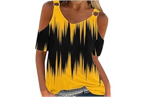 LEMOIITEA Women Shirts Sales Fashion Cold Shoulder T-Shirts V-Neck Short Sleeve Blouse Tie-Dye Printed Tees Shirts Casual Loose Fit Tees Summer Tunic Tops Party Holiday Blouse