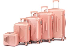 LALAHO Set de 5 Valises de Voyage avec Vanity Case, Valise Grande Taille, Valise Moyenne, Valise Cabine, ABS avec Coins Renforcés, roulettes Pivotantes 360°, Serrure à Combinaison (Or Rose)