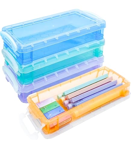 Lot De 6 Boîtes à Crayons Transparentes - 21x10x4 Cm, Couvercle Clip, Couleurs Assorties, Rangement Bureau/école