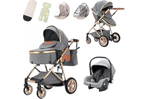 Lnhcrbs Passeggino 3 in 1, Cestino Letto Del Passeggino Leggero Ripiegabile, Passeggino da Viaggio è Reversibile in Entrambe Le Direzioni, Maniglia Regolabile, Parapioggia, Zanzariera, 0-3 Anni
