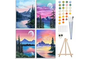 GHHKUD 4 Pack Paint by Number Kits for Adults with Framed Canvas&Wooden Easel, DIY Adult Painting by Number Kit Oil Acrylic, Mountain Sunset Painting Kit for Beginners, Arts and Crafts for Decor 8x12inch