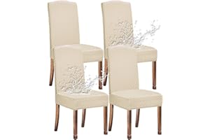 KELUINA Stretch Water-Repellent Twill Jacquard Dining Room Chair Covers Home Decor,Chair Covers for Dining Room Chairs Restaurant Hotel Ceremony (Cream White,4 Pieces)