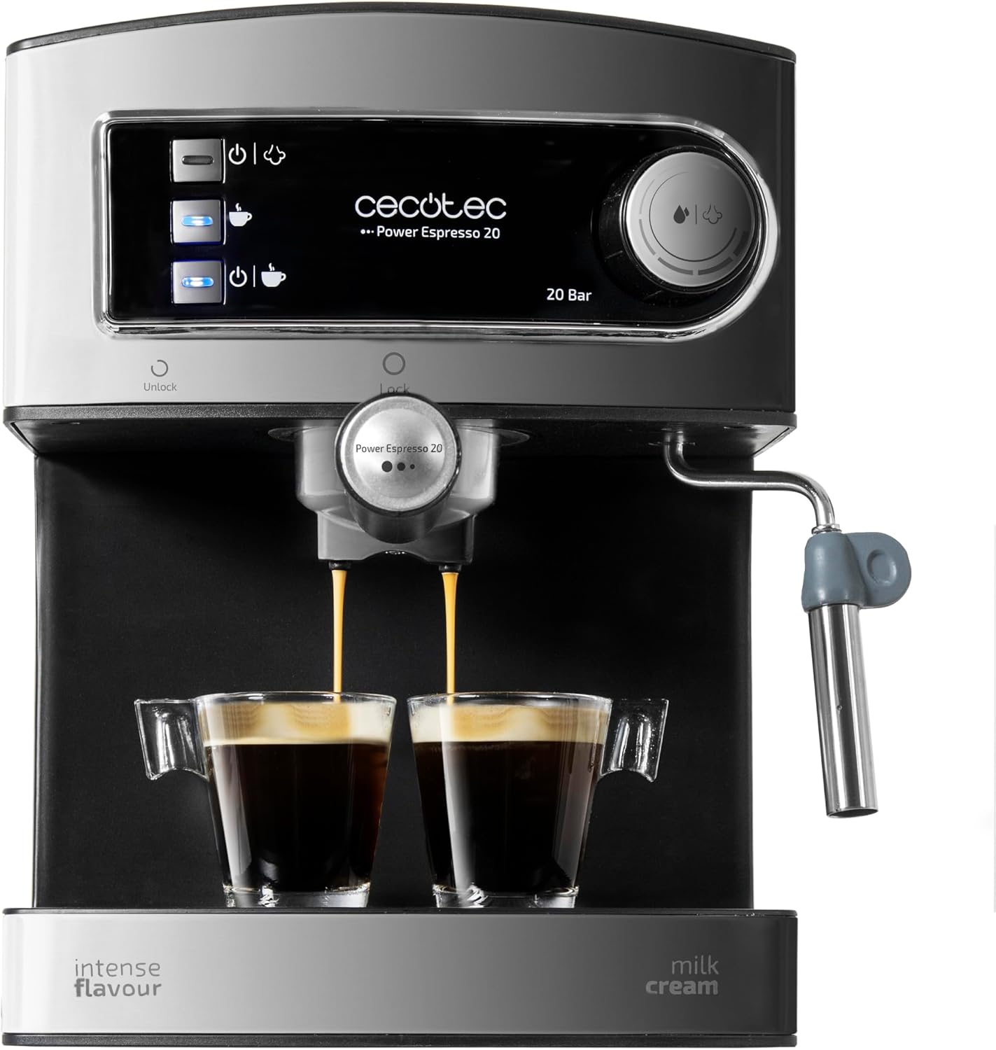 Cecotec Cafetera Express Manual Power Espresso 20. 850W, Presión 20 Bares, Depósito de 1,6L, Brazo Doble Salida, Vaporizador, Superficie Calientatazas, Acabados en Acero Inoxidable