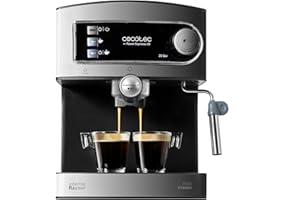Cecotec Cafetera Express Manual Power Espresso 20. 850 W, Presión 20 Bares, Depósito de 1,6L, Brazo Doble Salida, Vaporizador, Superficie Calientatazas, Acabados en Acero Inoxidable