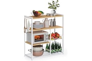 ‎VASAGLE VASAGLE Küchenregal, Standregal mit 2 Metallkörben, Bäckerregal mit Haken und Regalablagen, Mikrowellenregal, 35 x 80 x 93,5 cm, goldeichenfarben-weiß KKS096W09