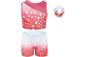 Gogokids Girls' Three-Piece Gymnastics Set, Sleeveless Leotards with Shorts and Hairband, Sparkling Ballet Dancing Unitards - Gymnastics Outfit with Gradient Color Design for 3-12 Years