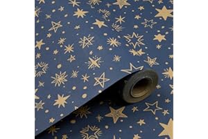 HJYODY Rouleau de papier cadeau d'anniversaire 43 cm x 15 m, papier kraft bleu recyclable à étoiles, idéal pour les mariages, Noël, les anniversaires et les décorations de fêtes