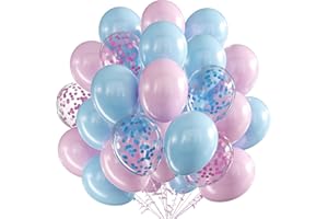 VUCDXOP Lot de 60 ballons 30 cm latex confettis métallisés et bleus 30,5 cm ruban décoration fête fille, anniversaire, baby shower