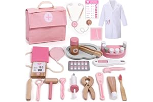 Atoylink Wooden Dentist Toys for Kids Doctors Set for Kids Doctor Dress Up Costume Medical Playset Tooth Model Wooden Toys Role Play Gifts for Kids Girls Educational Toys for 3 4 5 6+ Year Olds