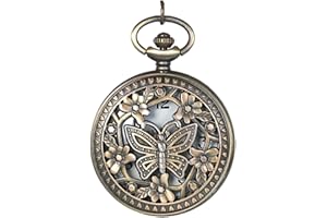 JewelryWe Montre de Poche Ronde Quartz Fleur Papillon Coeur Amour Pendentif Collier Alliage Fantaisie Couleur Cuivre Chaîne Longueur 80cm avec Sac Cadeau