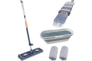 BERISYIOS Pure Clean Magic Mop, Großer Flachmopp mit auswringfunktion und wiederverwendbaren Mikrofaser-Pads, Pure Clean Aufwaschen Boden Set (Faltbarer Moppeimer, Blau)