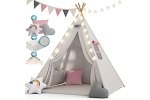 Spielwerk® Kids Teepee with Fairy Lights | Baby Toy Play Tent | 2.5cm Thick Play House Mat | 3 Cushions | 130x130x160cm | Cotton Carry Bag | Toddler Toys | Diamond Pink