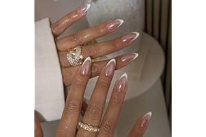 EONFAVE French Tip False Nails - 24pcs Medium Almond Press on Nails - Full Cover Fake Nail Tips with Glue - Acrylic Nails Glossy Nude with White Tips Designs for Women Nail ART Manicure Decoration