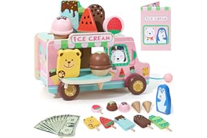 XIAPIA Wooden Ice Cream Toys for Kids, Wooden Ice Creams Cart Car Role Play Toys, Ice Cream Shop Play Food Set for Children Kitchen for 3 4 5 Year Old Girls Boys Gifts
