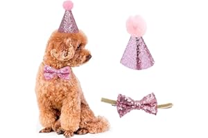 SYMPHONYW Sombrero de cumpleaños para Perro, Sombrero de cumpleaños para Mascotas, Sombrero de cumpleaños y Collar de Pajarita para Mascotas, Disfraces de cumpleaños para Sombreros (Pink)