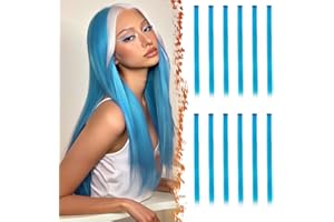 BARSDAR Coloured Hair Extensions for Women, 12 PCS Colored Clip in Hair Extensions Rainbow Party Highlights Synthetic Hairpieces 21 inch Sky Blue Extensions with Rubber Bands