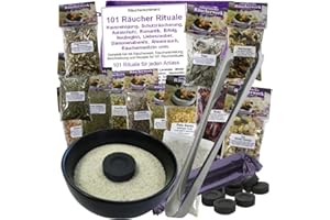 ‎MYTOBAQ Hausreinigung Räuchern - 20-TLG Räucher-Set 101 Rituale, Schutz, Meditation, Rauhnächte, Negative Energie ausräuchern UVM. 12 x Räucherwerk, RÄUCHERSCHALE, Zange, Kohle, Anleitung 81900-25SZ