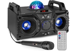 Fenton KAR100 Portable Bluetooth Speaker Karaoke Machine Sing Station with Built-In Battery USB SD Wireless Party Speaker Disco LED Light Microphone and Remote Control