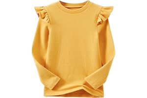 Ugitopi Camiseta de algodón de Manga Larga para niñas con Mangas con Volantes, cómoda Camiseta de Cuello Redondo para Uso Diario