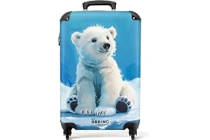 NoBoringSuitcases.com Valise Enfant, Valise Cabine, Valise Enfant Fille, Bagages Enfant, 4 roulettes, Valise pour Enfant, Valise Fille, Valise Cabine 55x35x25cm (Ours Polaire Blanc - Bleu)