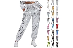 GENERISCH Glitzer Hose Damen Silber Metallic Partyhose Holographische Farbe Streetwear Glänzend Hip-Hop Jogginghose Mode Shiny Elastischer Bund Hosen 70er 80er Disco Outfit Nachtclub Clubwear Karneval Kostüm