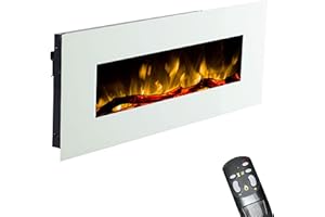 GLOW FIRE Elektrokamin mit Heizung und Kaminfeuer (Wandkamin Pluto) - elektrischer Kamin mit LED-Licht, Heizlüfter, Deko & Fernbedienung - zum Aufhängen an der Wand, max. 1500 W - weiß, 110x49 cm