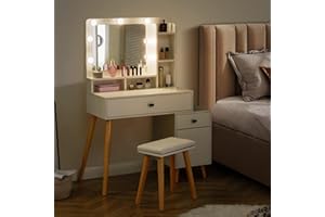 ‎CLIPOP CLIPOP Schminktisch mit Hollywood LED Spiegel,Licht Verstellbare Helligkeit,Frisiertisch Gepolsterter Hocker Set Weiß,Kosmetiktisch aus Holz mit Schublade und Aufbewahrungsschrank