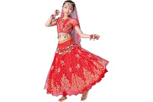 FEOYA Robe Danse Orientale Enfant Costume Danse Bollywood Fille Belly Dance Indienne 5 pcs Top+Robe+Ornement de Tête+Foulard+Ceinture 3-12 Ans