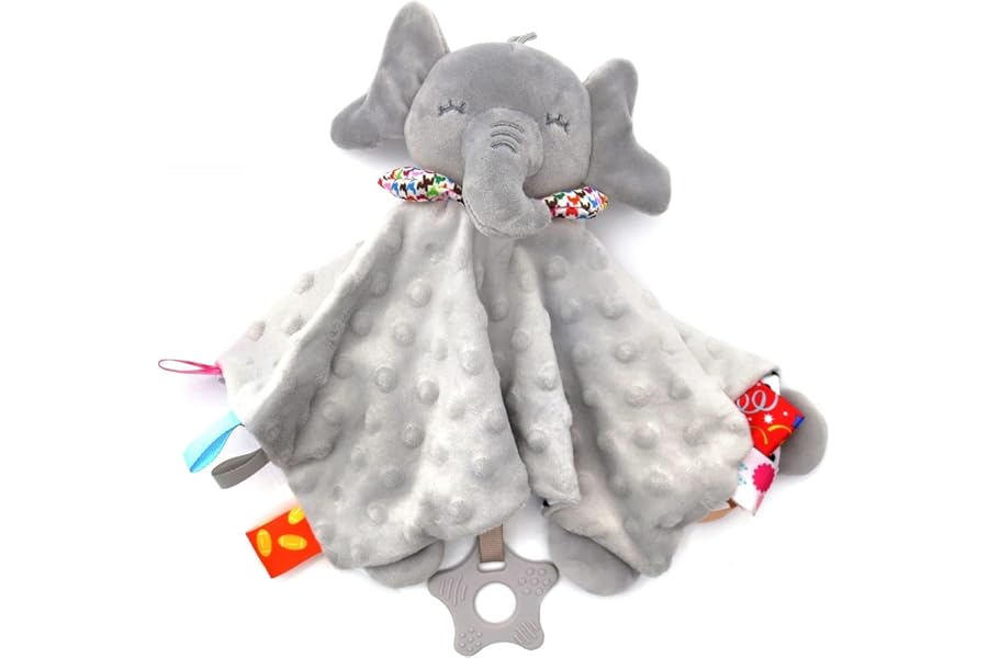UNMOT Baby Comforter Elephant Security Blanket for Newborn - Super Soft Sensory Toy with Tags & Teether - Unisex for Boys Girls - Soothing Sleep Aid Baby Teddy,Size 28 x 28cm,Grey