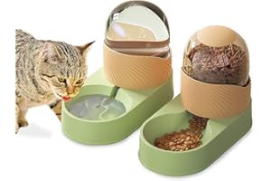 Kathson Automatic Cat Feeder, Automatic Gravity Dog Feeder Set, Pet Automatic Waterer Feederer, Cat Food Dispensers Set 2L for Small Pets, Puppy, Kitten(Green-Orange)