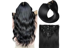 ‎SUYYA SUYYA Clip in Extensions Echthaar, Salon Remy Menschenhaar Extensions Echthaar Gerade Glatt Chthaar Extensions Clip Doppelt Genäht 16 Zoll 40cm 7 Stück 70G #1 Tief Schwarz