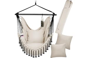 tectake® Poltrona Sospesa Malika, Stile Bohemien, Tessuto Misto Cotone-Poliestere Traspirante, Cuscini Extra Spessi, Scomparto per Libri, Appoggio per Bibite Regolabile, Carico Massimo 150kg - Beige