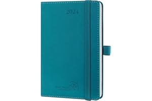 POPRUN Agenda 2024 Semana Vista Pequeña A6 - Porta Boligrafos Autoadhesivo, 100 gsm Papel, Verde Pacífico