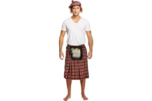 HENBRANDT Adult Men's Scottish Highlander Kilt with Sporran Fancy Dress Costume - Red Tartan Traditional Outfit for Burns Night, Halloween, Stag Parties, Cosplay, One Size Fits Most