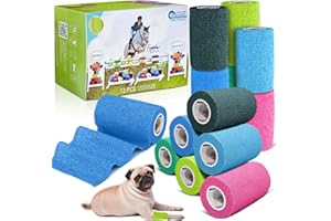 Equimed 12pc Vet and Pet Self Adhesive Bandage Wrap - Stretchy, Strong and Cohesive Non-Woven Individually Wrapped Conforming Compression Aid for Horse Animal Athletic Relief (10cm, Multi)