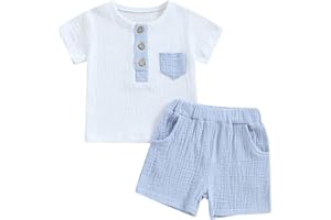 Geagodelia Set da bambino estivo, 2 pezzi, in cotone e lino, camicia a maniche corte con bottoni, con tasca + pantaloncini elasticizzati in vita (da 3 mesi a 4 anni)
