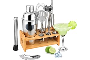 Hossejoy Cocktail Set, Edelstahl Cocktail Shaker Set, 14 Teiliges Barkeeper Set mit Bessere Bambus Ständer, Messbecher und Bar Löffel, 550 ml Cocktail Geschenk Set für Zuhause oder die Bar