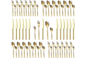 Set di posate 12 persone, Hunnycook 60 pezzi posate oro opaco con forchette cucchiai coltelli, posate d'oro in acciaio inox per casa/cucina/ristorante, lucido, lavabile in lavastoviglie