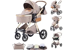 BEBBY BEBBY Cochecito de bebé 3 en 1,Carricoche Combinado Paisaje Alto Marco de Aluminio Para Recién Nacido0-22KG,Portátil Carrito Bebe 3 en 1 Con Asiento De Auto (khaki-6, H2)