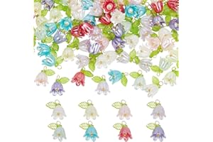 arricraft 80 Pcs 8 Colors Acrylic Flower Charms Pendants, Colorful Spring Theme Flower Dangle Charm Beads Pearl Floral with Leaf Charms for Women DIY Jewelry Making, 2mm Hole