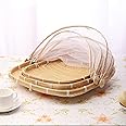 RO Bamboo Food Serving Trays with Food Mesh Cover, Square/Round Handmade Rattan Bug Dust-Proof Basket, Covered Bamboo Serving Food Tent Basket, for Fruit Vegetable Home Drying (Square,3-piece set)