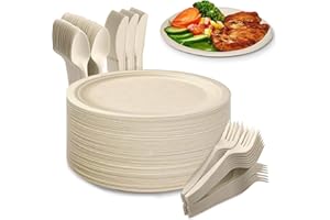 Yidaxing 200Pcs Assiettes Jetables en Canne à Sucre en Biodégradables, Vaisselle Écologique, Grande Assiette Fourchettes Couteaux Cuillères pour Fête Camping et Pique Niques (22.8cm Couleur du Bois)